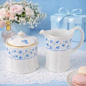 Rare I.GODINGER & CO. Lidded Sugar Bowl and Creamer Set | Gold Rimmed Blue Belle